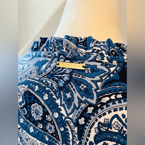 MICHAEL KORS Paisley Dress Floral V-Neck Ruffle Sleeveless Blue White - Picture 7 of 11